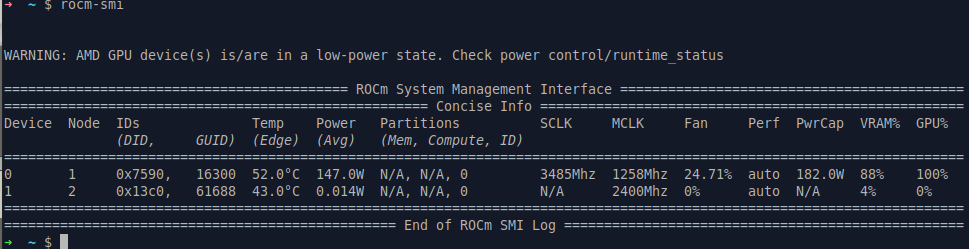 Image showing rocm-smi command displaying GPU utilization.
